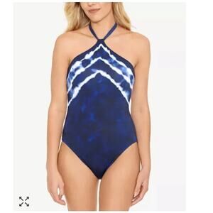 Ralph Lauren Blue Shoreline Stripe HalterNeck One-Piece Swimsuit [Size Missing]